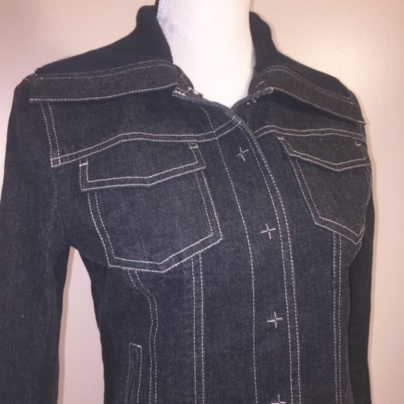 Tahari Denim Jean Jacket Black Coat S Snap - Picture 3 of 8